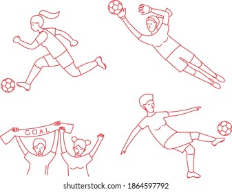 Female Soccer football world championship. game with women players, soccer fans thin line outline icons seamless background pattern. Vector illustration doodles in linear simple style. Red and white