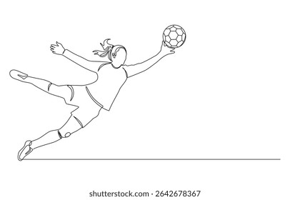 female soccer goalie dive mid-air to catch a ball one continuous line art drawing