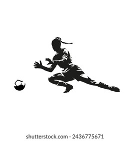 Female soccer goalkeeper catches the ball, woman playing football, isolated vector silhouette