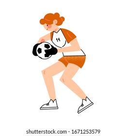 Female soccer goalkeeper player in the red shorts catches the ball right view. Vector illustration in flat cartoon style.