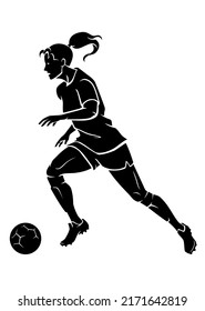 Female Soccer Kicking the Ball, Side View Sport Silhouette