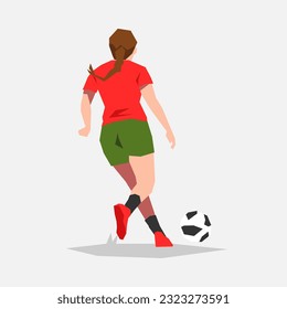 female soccer player athlete dribbling the ball. back view. the theme of sports, football, women. vector flat illustration.