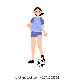 Female soccer player in the blue t-shirt standing with the ball front view. Vector illustration in flat cartoon style.