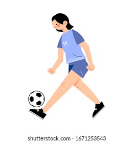 Female soccer player in the blue t-shirt hits the ball. Vector illustration in flat cartoon style.