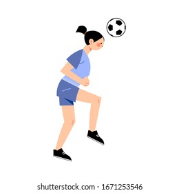 Female Soccer Player In The Blue T-shirt Hit The Ball With Her Head Right View. Vector Illustration In Flat Cartoon Style.