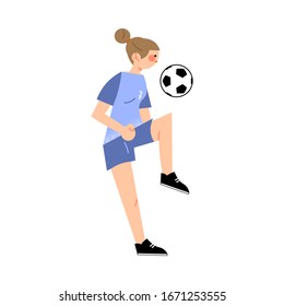 Female soccer player in the blue t-shirt kicking the ball right view. Vector illustration in flat cartoon style.