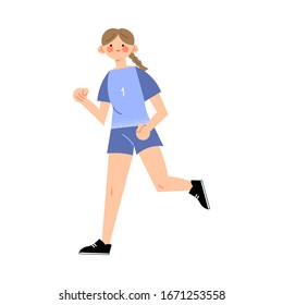 Female soccer player in the blue t-shirt runs left side view. Vector illustration in flat cartoon style.
