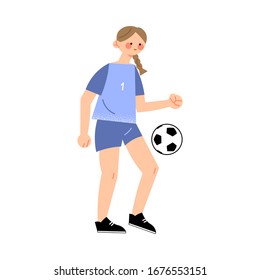 Female soccer player in the blue t-shirt hits the ball right view. Vector illustration in flat cartoon style.