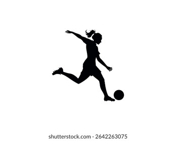Female Soccer Player in Dynamic Action Silhouette, silhouette of a female soccer player executing a powerful kick, women's football, soccer action, athletic, sports design, soccer illustration, sports