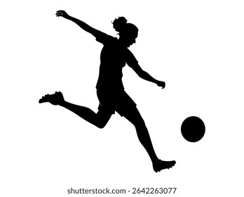 Female Soccer Player in Dynamic Action Silhouette, silhouette of a female soccer player executing a powerful kick, women's football, soccer action, athletic, sports design, soccer illustration, sports