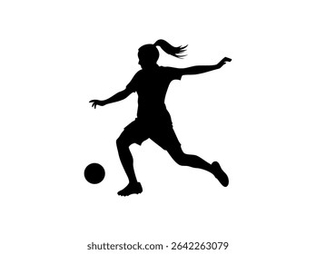 Female Soccer Player in Dynamic Action Silhouette, silhouette of a female soccer player executing a powerful kick, women's football, soccer action, athletic, sports design, soccer illustration, sports