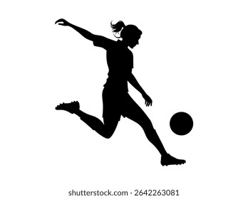 Female Soccer Player in Dynamic Action Silhouette, silhouette of a female soccer player executing a powerful kick, women's football, soccer action, athletic, sports design, soccer illustration, sports