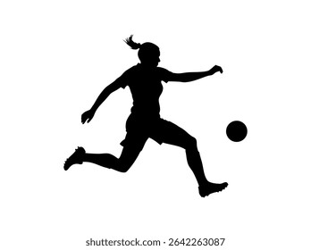 Female Soccer Player in Dynamic Action Silhouette, silhouette of a female soccer player executing a powerful kick, women's football, soccer action, athletic, sports design, soccer illustration, sports