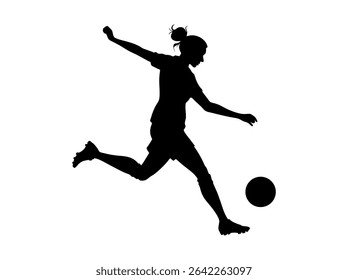 Female Soccer Player in Dynamic Action Silhouette, silhouette of a female soccer player executing a powerful kick, women's football, soccer action, athletic, sports design, soccer illustration, sports