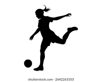 Female Soccer Player in Dynamic Action Silhouette, silhouette of a female soccer player executing a powerful kick, women's football, soccer action, athletic, sports design, soccer illustration, sports