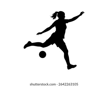Female Soccer Player in Dynamic Action Silhouette, silhouette of a female soccer player executing a powerful kick, women's football, soccer action, athletic, sports design, soccer illustration, sports