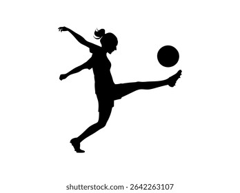 Female Soccer Player in Dynamic Action Silhouette, silhouette of a female soccer player executing a powerful kick, women's football, soccer action, athletic, sports design, soccer illustration, sports