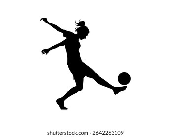 Female Soccer Player in Dynamic Action Silhouette, silhouette of a female soccer player executing a powerful kick, women's football, soccer action, athletic, sports design, soccer illustration, sports