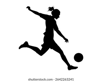 Female Soccer Player in Dynamic Action Silhouette, silhouette of a female soccer player executing a powerful kick, women's football, soccer action, athletic, sports design, soccer illustration, sports