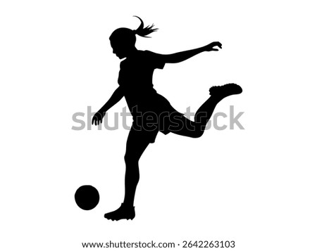 Female Soccer Player in Dynamic Action Silhouette, silhouette of a female soccer player executing a powerful kick, women's football, soccer action, athletic, sports design, soccer illustration, sports