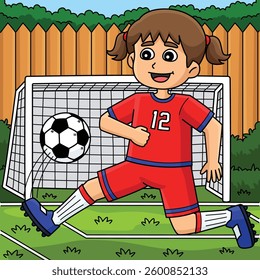 Female Soccer Player Goal Colored Cartoon 