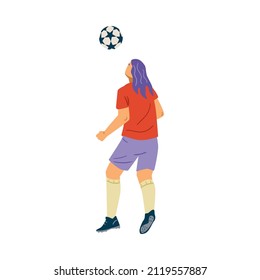 Female soccer player kick ball with her head, isolated on white background. Football head shot flat vector illustration.