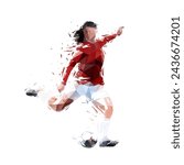 Female soccer player kicking ball, low poly woman playing soccer, isolated geometric vector illustration