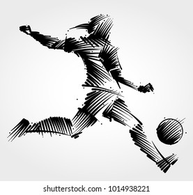 Female soccer player kicking the ball made of black brushstrokes on light background