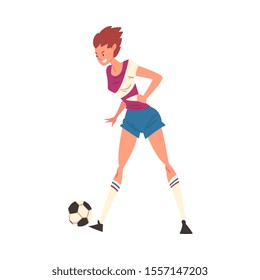 Female Soccer Player Kicking the Ball. Active Sport Lifestyle Vector Illustration