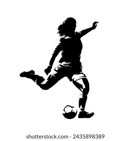 Female soccer player kicking ball, soccer, isolated vector silhouette