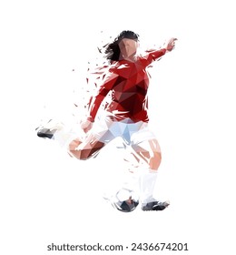 Female soccer player kicking ball, low poly woman playing soccer, isolated geometric vector illustration