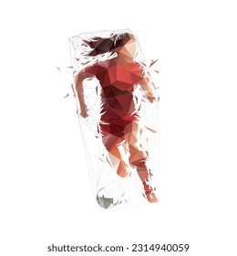 Female soccer player, low polygonal woman playing football, front view, isolated vector silhouette, geometric drawing from triangles - Shutterstock ID 2314940059