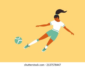 Female Soccer Player Playing Ball On Yellow Background. Young Woman In Sport Clothes Training On Football Field. Womens Soccer Team Girl Hits Ball Leg. Women Athlete Game Exercise Vector Illustration