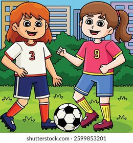 Female Soccer Player Playing Colored Cartoon 