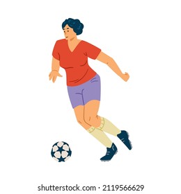 Female soccer player ready to score a goal, isolated on white background. Woman football player, wearing red t-shirt, run and kick the ball, flat vector illustration.