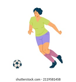 Female soccer player run and kick the ball, isolated flat character on white background. Women football player vector illustration.