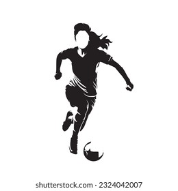 Female soccer player running with ball, woman playing football, isolated vector silhouette, ink drawing