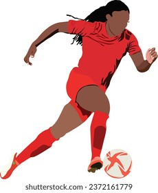 Female soccer player running and dribbling the ball isolated on transparent background