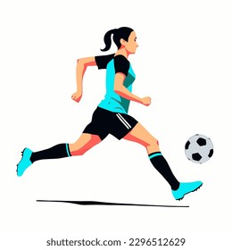 Female soccer player running with football ball, vector illustration for 2023 Women's World Cup.