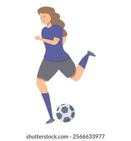 Female soccer player running and kicking ball during championship game