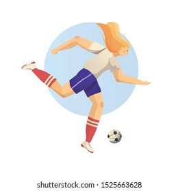 Female soccer player in sports uniform kicks the ball. Vector flat illustration on a white background.