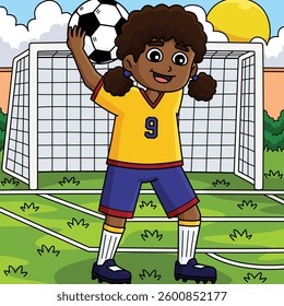 Female Soccer Player Throw In Colored Cartoon 