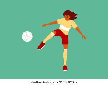 Female Soccer Player Training On Green Football Field. Young Woman In Sport Wear Playing Ball. Women Football Match. Womens Soccer Team Girl Kicks Ball Foot. Athlete Game Exercise Vector Illustration