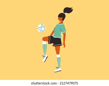 Female Soccer Player Training On Yellow Background. Young Woman In Sport Clothes Playing Ball Football Field. Womens Soccer Team Girl Kicks Ball Knee. Women Athlete Game Exercise Vector Illustration