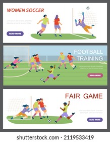 Female soccer player vector banner for web site page. Women sport team football training flat illustration. Woman soccer player kick the ball trying to score.