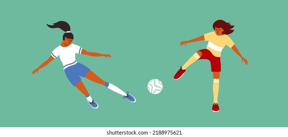 Female Soccer Players Playing Ball Football Field. Women Football Match Vector Illustration. Different Sport Team Girls Running To Kick Ball. Athlete Game Training. Isolated Play On Green Background