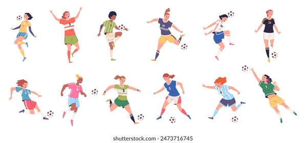 Female soccer players. Teen woman or teenagers girl football player, lady goalkeeper training exercise kick ball women footballer play sport game set, classy vector illustration