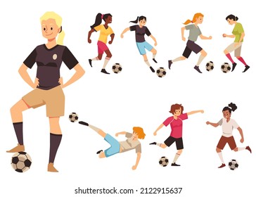 Female soccer players from woman football team in various pose in flat vector illustration isolated on white background. Set with cartoon teen girls characters make kick, pass, dribble ball