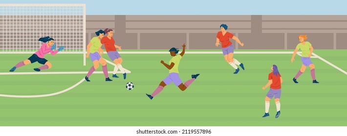 Female soccer team match, girl play football on the green field stadium run and kick the ball trying to score. Woman soccer player. Cartoon flat vector illustration, sport scene.