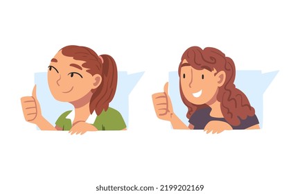 Female as Social Media Follower and Subscriber Showing Adoration with Thumb Up Vector Set